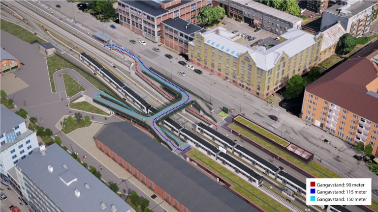 Denne oversikten viser gangavstanden til og fra de ulike perrongene på Majorstuen stasjon. Illustrasjon: Ruter