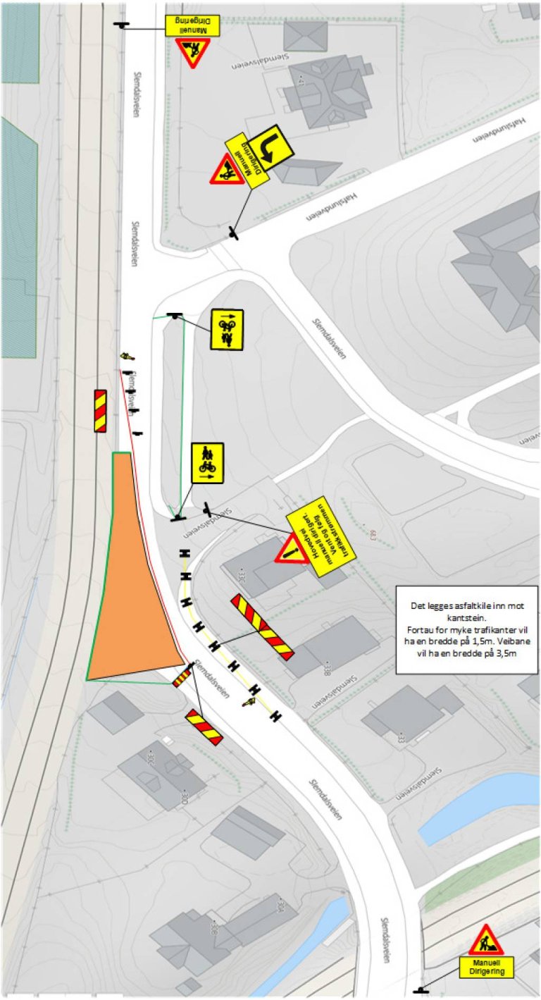 Kart som viser arbeidsområdet (orange felt) og skiltplan for omliggende område. Arbeidsområdet ligger der Hafslundveien kommer inn på Slemdalsveien.