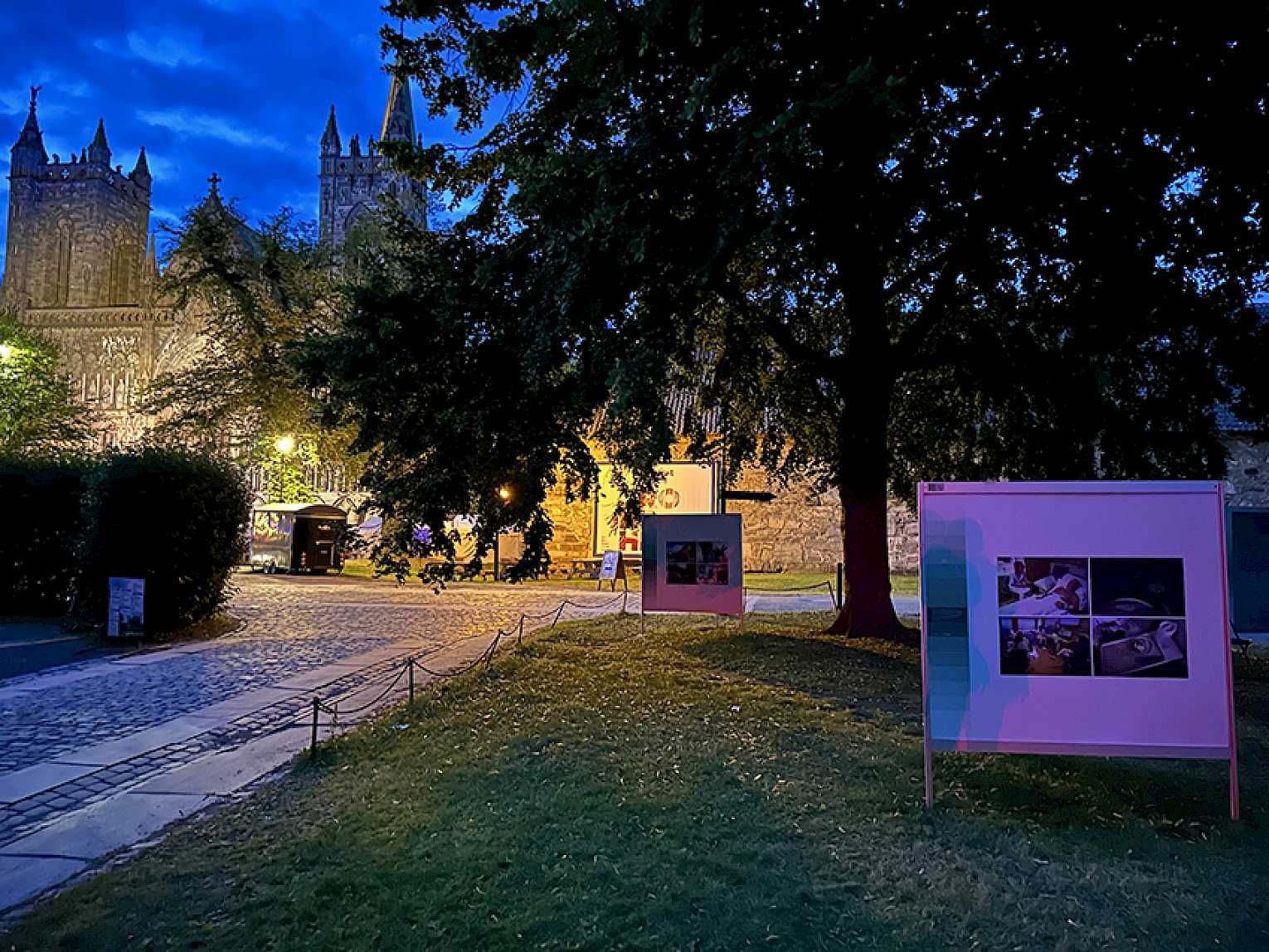 Natt ved Nidarosdomen - der fotoutstillingen har stått under Olavsfest 2023. Foto: Pål A. Berg